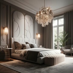 A breathtakingly beautiful bedroom with a unique architectural detail, boasting a stunning accent wall, gorgeous pendant lighting, and a luxurious upholstered bed, generative ai