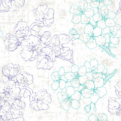 Seamless pattern Sakura with cherry tree blossom. Vintage hand drawn vector illustration in sketch style.