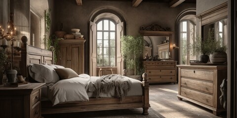 A rustic bedroom featuring distressed furniture and subtle vintage accents, generative ai