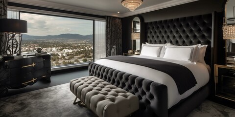 A luxurious Retro Bedroom with plush bedding and tufted headboard, evoking Hollywood glam, generative ai