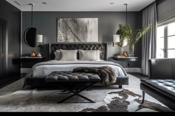 A modern take on Hollywood Regency Bedroom with a gray lacquered bed frame, cowhide rug, and minimalist decor, generative ai - obrazy, fototapety, plakaty