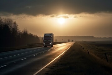Fototapeta na wymiar LKW Truck Lastwagen einer Spedition fährt auf der Autobahn bei Sonnenuntergang. Generative AI