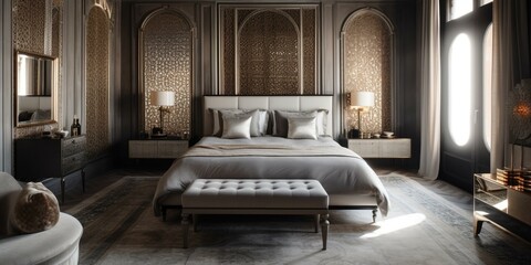 A chic Moroccan Bedroom with a statement-making oversized velvet headboard, metallic accents, and luxe fabrics throughout, generative ai