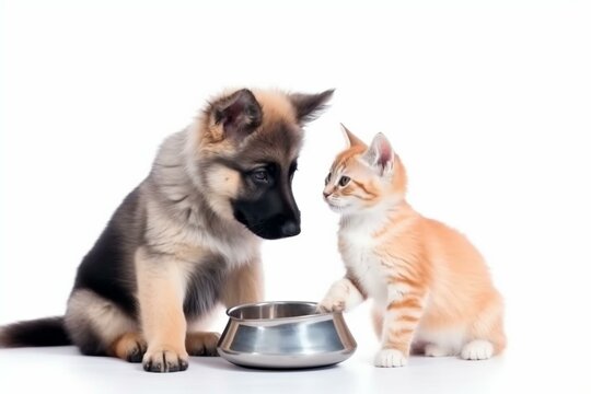 Kitten And Licking Lips Hungry Dog Sitting With A Empty Bowl. Isolated On White Background. Generative AI