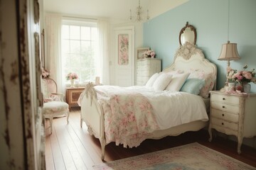 Fototapeta na wymiar A bright and airy French Country Bedroom with a pastel color palette, delicate floral prints, and shabby-chic distressed finishes, generative ai