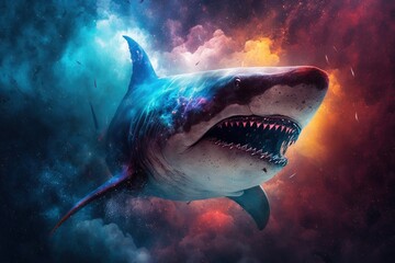 colorful shark in space surrounded by nebulas galaxy,  style of realistic hyper-detailed rendering, precisionist art animal portrait, generative ai