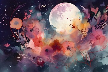 Obraz na płótnie Canvas watercolour style , moon floral stars, magical, deep colours , dreamy, Generative AI