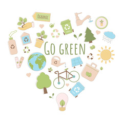 Set Sustainable icons heart shape with lettering. Associations Sustainable development. Earth Day and World Environment Day sustainable ecology concept.