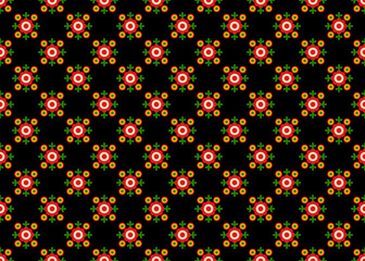 Fototapeta na wymiar Retro seamless pattern with colorful flowers and black background. Retro Multicoloured Naive Floral Daisy vector seamless pattern isolated on white. Groovy flower background.