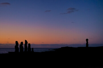 Fototapeta na wymiar Moai sunset in Easter Island, Chile