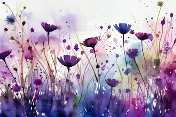 Purple flowers and herbs. Abstract violet meadow. Emotional painting. Watercolor artwork. Generative AI