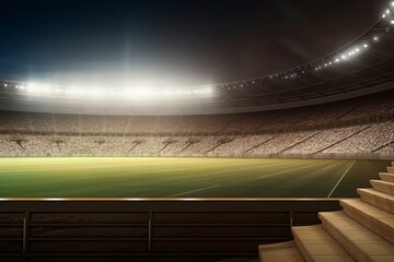 Sport stadium with grandstands full of fans, shining night lights and wooden deck. Digital 3D illustration of sport stadium for background use. Generative AI