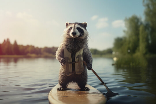 Raccoon on a paddle board in a midwestern lake, Generative AI