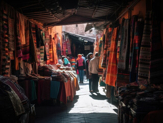 A bustling street market in Marrakech vibrant textiles, Generative AI