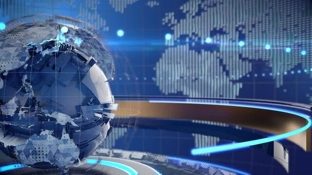 World news seamless loop background. Moving template for news report or broadcast. Video for breaking news studio with globe and spotlights. Realistic 3D render animation with alpha channel