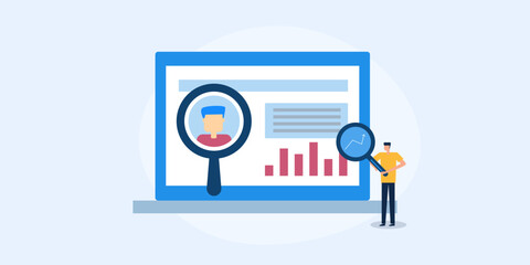 CRM software system displaying customer data information related to sales and finance on laptop screen, business people analysing customer report. Vector illustration, web banner.