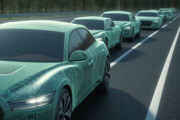 Plakat Autonomous cars on a road with visible connection 3d Rendering. Generative AI