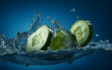 Fresh Cucumber slices with water splashing isolated on blue background. Fresh Cucumber slices dropped into water with a splash. Generative AI.