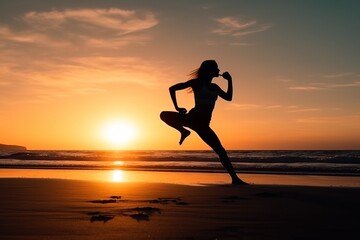 Fototapeta na wymiar Silhouette young woman, exercise on the beach at sunset. Generative AI.