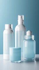Modern minimalist facial cream bottles unlabelled bottles white and baby blue translucent glass. Generative AI.