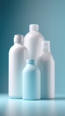 Modern minimalist facial cream bottles unlabelled bottles white and baby blue translucent glass. Generative AI.