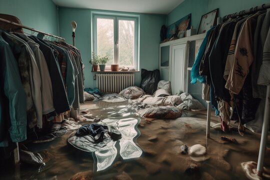 Messy clothes, shirts fallen under water at home. Generative AI.
