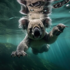 Koala swim under the water. Generative AI.