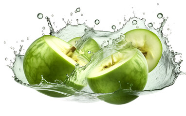 Half of the melon honeydew with water splash isolated on white background. Fresh melon honeydew dropped into water with a splash.