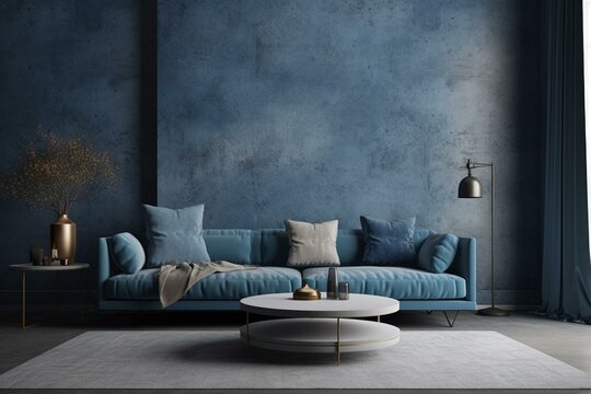 Living Room With Blue Couch And Table Against A Blue Concrete Wall Backdrop. Generative AI