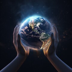 God's hands holding the earth. Generative AI.