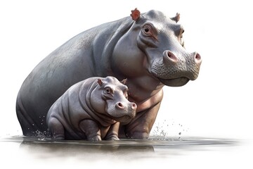 Cute mother and baby hippo. Generative AI. - obrazy, fototapety, plakaty