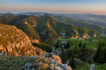 Hiking in mountains Velka Fatra in Slovakia. Beautiful view from Tlsta,  spring mountain at sunset....