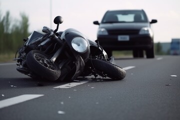 Accident between a motorbike and a car on the highway. Generative AI.