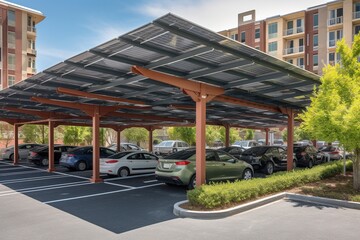 Fototapeta na wymiar A modern solar carport for public vehicle parking is outfitted with solar panels producing renewable energy. Generative AI.