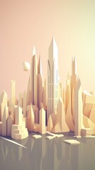 A minimalistic and abstract origami cityscape with towering skyscrapers and geometric shapes. Generative AI.