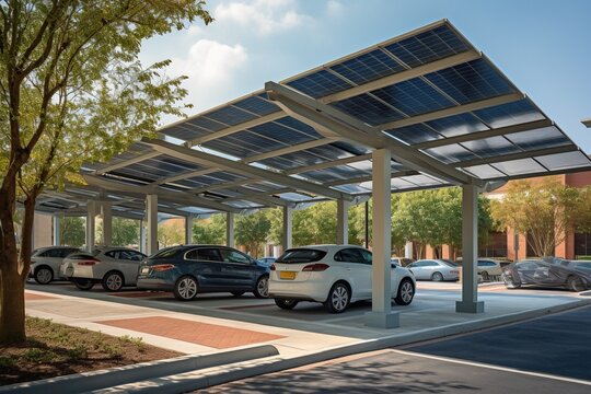 A modern solar carport for public vehicle parking is outfitted with solar panels producing renewable energy. Generative AI.