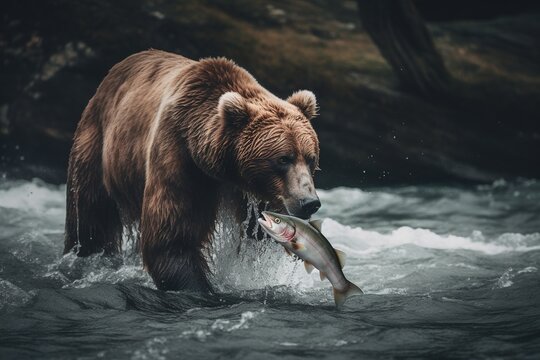 A brown bear catching salmon in Alaskan river. Generative AI.