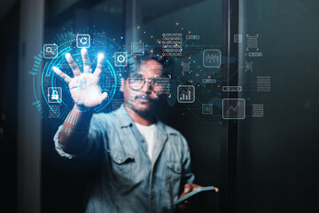 Businessman showing artificial intelligence (AI) brain function in futuristic business and cryptographic software development on internet.