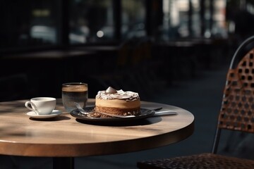 Obraz na płótnie Canvas Coffee and cake on a cafe table outside. Morning, drink, good mood concept. Generative AI