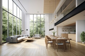 Fototapeta na wymiar Modern high ceiling loft living and dining room 3d render.The Rooms have wooden floors ,decorate with white furniture,There are large window Overlooks wooden terrace and large garden. Generative AI