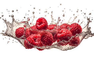 Fresh Raspberries with water splash isolated on white background. Raspberries dropped into water with a splash. Generative AI.