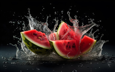 Half of the Watermelon fruit with water splash isolated on black background. Fresh watermelon fruit dropped into water with a splash. Generative AI.
