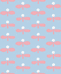 北欧風　手描きの花柄　シームレスパターン（ピンク×水色）