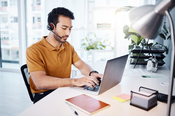 Customer service, laptop and business man typing response for contact us, communication or telecom....