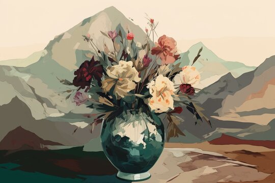 a painting of flowers in a vase with a mountain in the background. generative ai