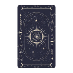 Tarot card set with mystic celestial border. Boho esoteric tarot card with moon and frame. Vector illustration. Sacred geometry celestial triangle