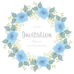 Blue flowers wreath floral wallpaper template background bouquet. Botanical flower and tropical leaf branch can be used for printing, greeting, wedding anniversary. Vector invitation card concept.
