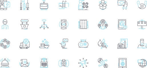 Client relations linear icons set. Trust, Communication, Satisfaction, Service, Relationship, Loyalty, Understanding line vector and concept signs. Responsiveness,Feedback,Empathy outline