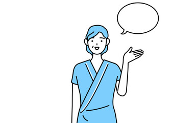 ふきだしつき、案内をする中年・シニア女性入院患者