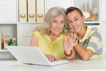 Grandmother with grandson using laptop at home